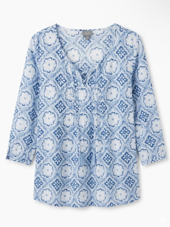 J. Jill Tops - J. Jill Light Blue Printed Lace-Up V-Neck Women's Top